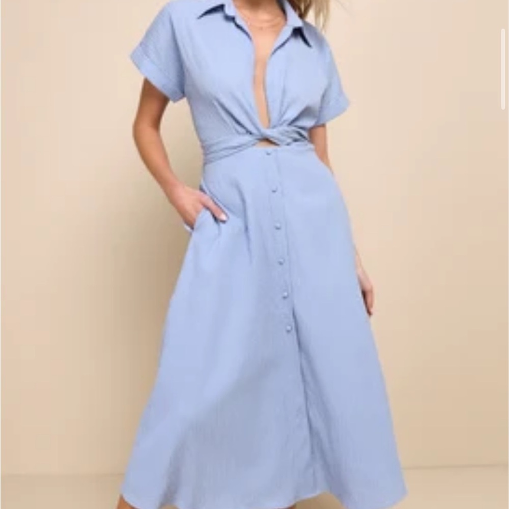 Lulu's Blue A-Line Midi Dress with Notched Collar